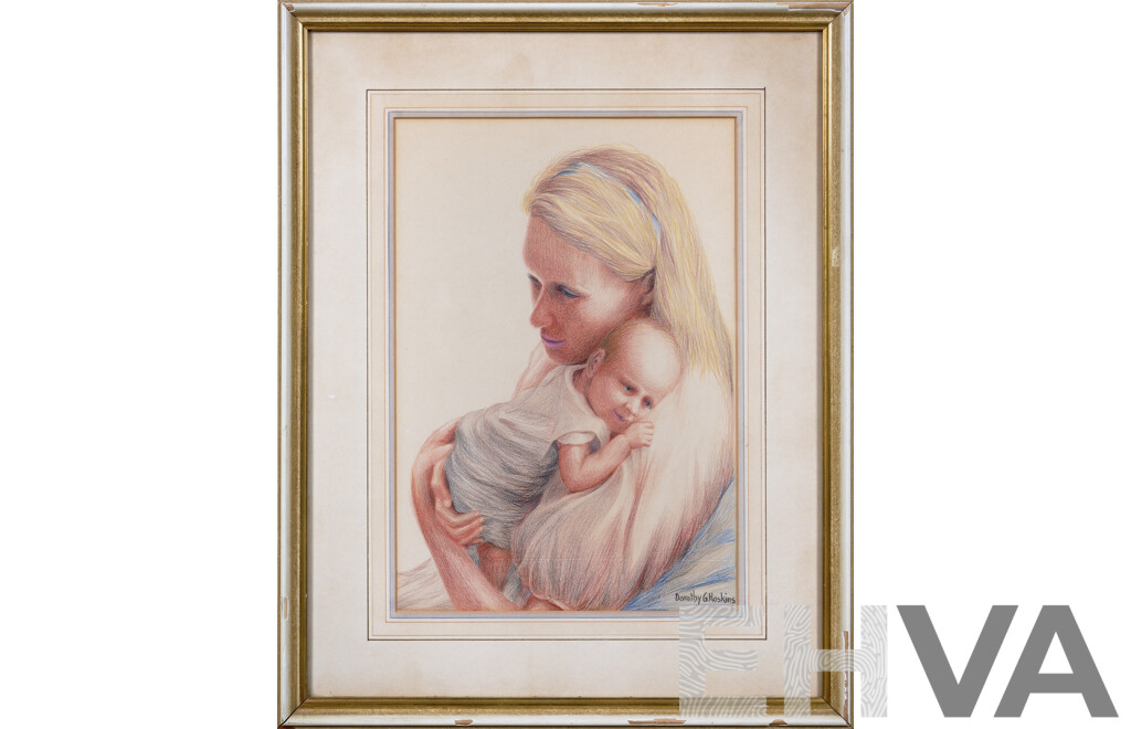 Dorothy G. Hoskins, (20th Century), Mary and Child, (circa Mid-1960s) Original Vintage Aquarelle Crayon