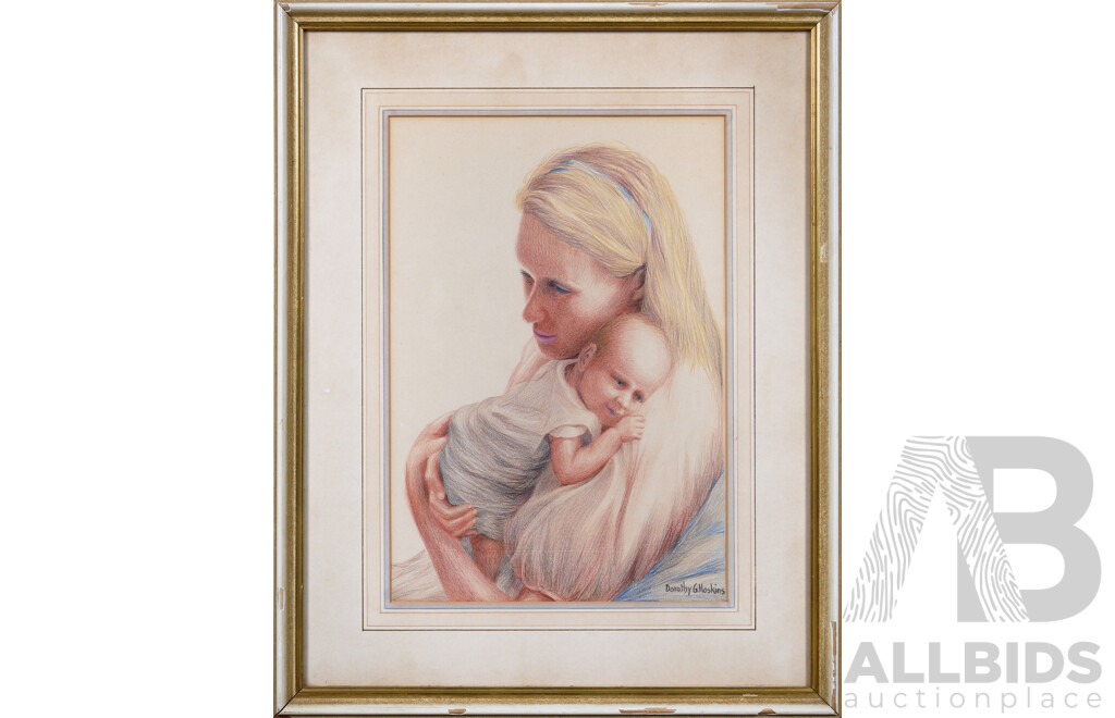 Dorothy G. Hoskins, (20th Century), Mary and Child, (circa Mid-1960s) Original Vintage Aquarelle Crayon