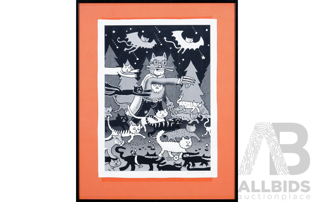 Jacob Rolfe (20th Century, Canadian), Cat Army, Silver and Black Screenprint, 36.5 x 26.5 cm (image)