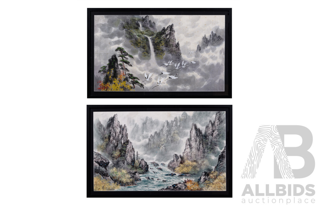 Artists Unknown, (Chinese School), Mountain River Landscape & Mountain Waterfall with Cranes, Lovely Pair of Ink Brush and Watercolours on Paper, 56 x 89 cm (frames) (2)