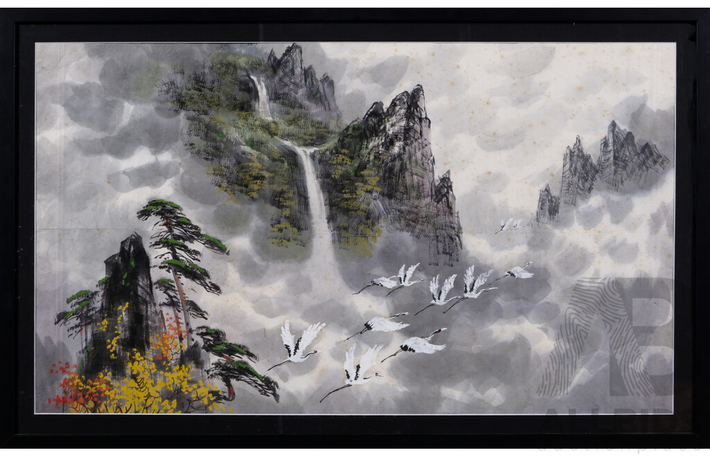 Artists Unknown, (Chinese School), Mountain River Landscape & Mountain Waterfall with Cranes, Lovely Pair of Ink Brush and Watercolours on Paper, 56 x 89 cm (frames) (2)