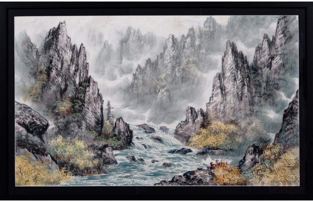 Artists Unknown, (Chinese School), Mountain River Landscape & Mountain Waterfall with Cranes, Lovely Pair of Ink Brush and Watercolours on Paper, 56 x 89 cm (frames) (2)