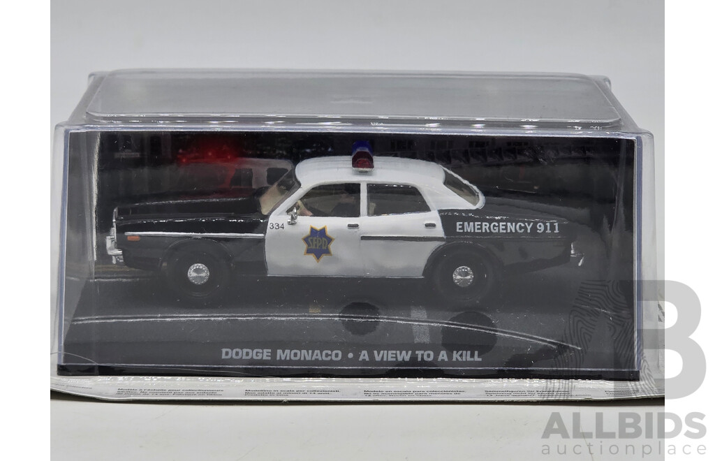 GE Fabbri Ltd 1977 Dodge Monaco Police Car - James Bond 007 A View to Kill 1:43 Scale Model Car - Sealed in Blister