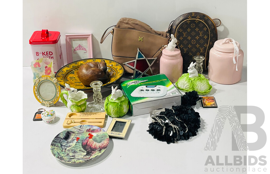 Collection Decorative Items Including Cermic, Tins and More