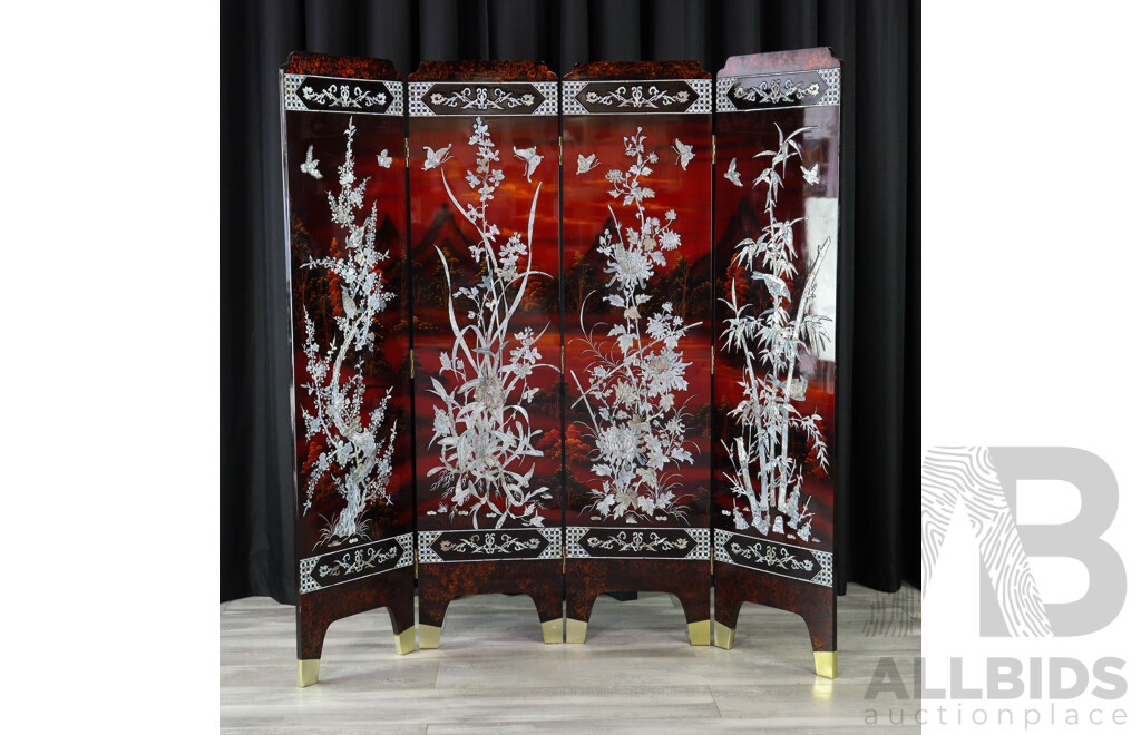 Lacquered Chinese Inlayed Four Panel Dressing Screen