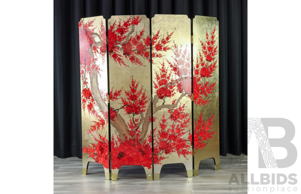 Lacquered Chinese Inlayed Four Panel Dressing Screen