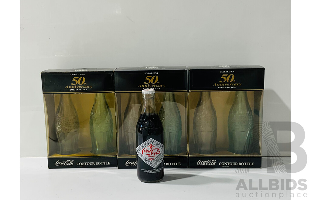 Collection of Three Sets of Coral Sea 50th Anniversary Commemorative Coca-cola Contour Bottles and Commemorative Americas Cup 1987 Coca-cola Bottle