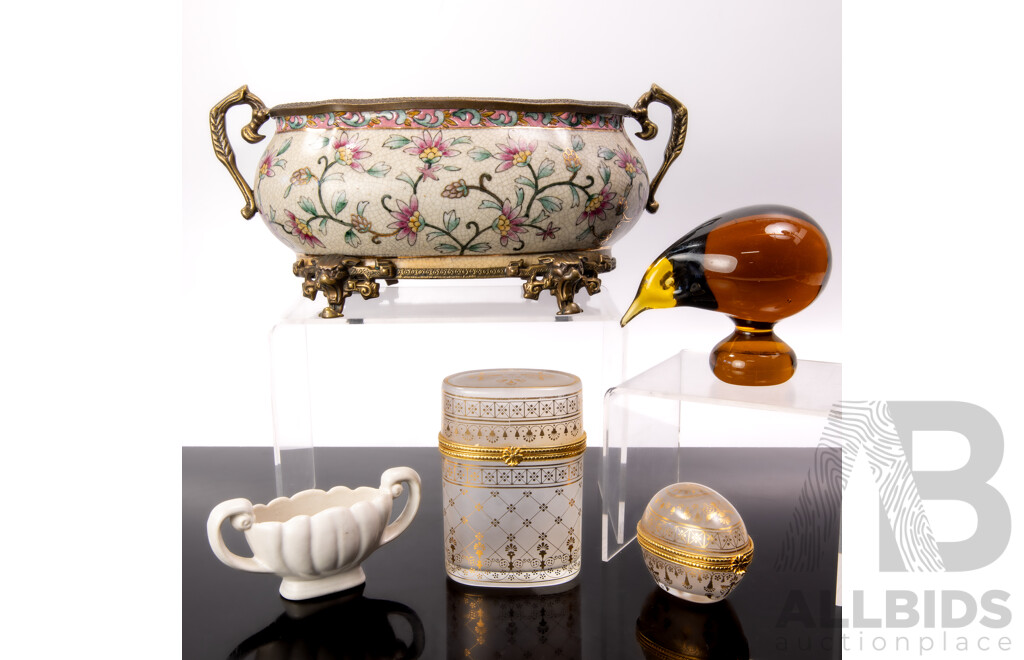 Faux Antique Porcelain Chinese Style Crackle Glazed Dish with Brass Feet with Bat Mask, Handles and Mountings by Dominic Along with Art Glass Kiwi, Wade Miniature Vase & Two Estee Lauder Glass Boxes