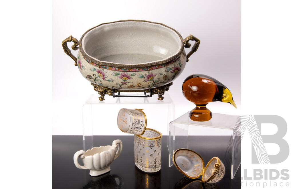 Faux Antique Porcelain Chinese Style Crackle Glazed Dish with Brass Feet with Bat Mask, Handles and Mountings by Dominic Along with Art Glass Kiwi, Wade Miniature Vase & Two Estee Lauder Glass Boxes