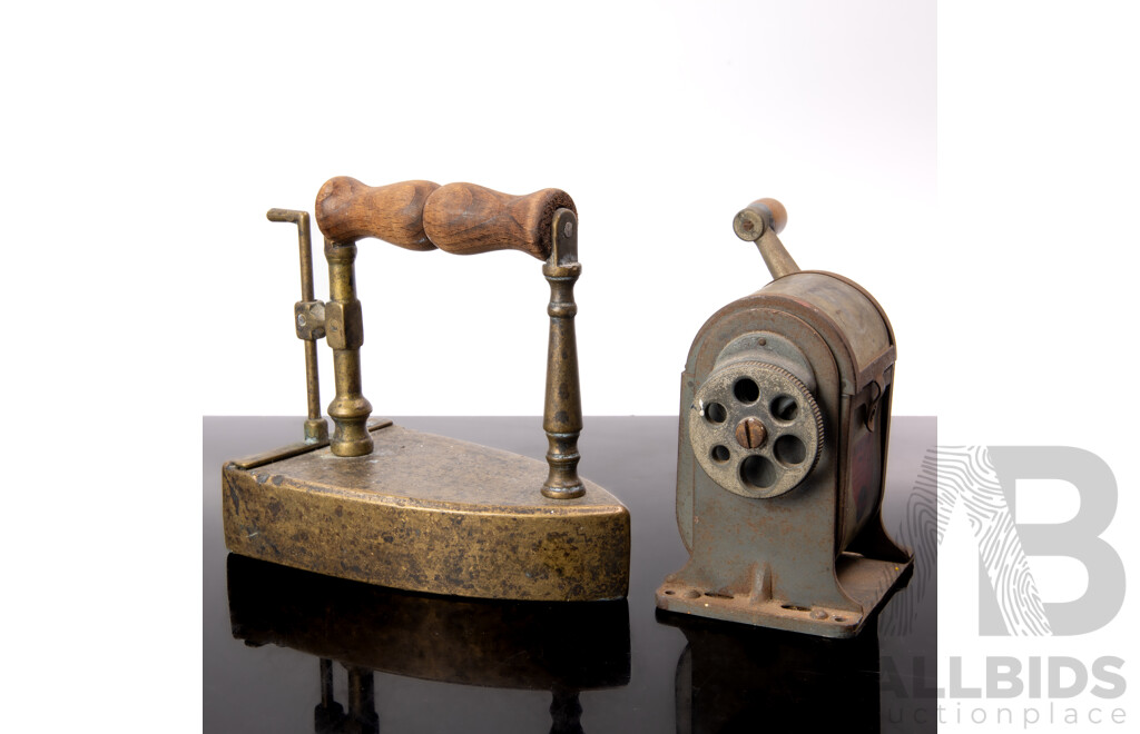 Antique Brass Iron with Turned Wooden Handle and Vintage Dexter Number 3 Pencil Sharpener by Automatic Pencil Sharpener Company (APSCO) 
