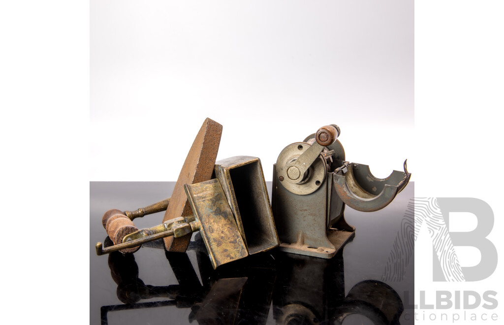 Antique Brass Iron with Turned Wooden Handle and Vintage Dexter Number 3 Pencil Sharpener by Automatic Pencil Sharpener Company (APSCO) 