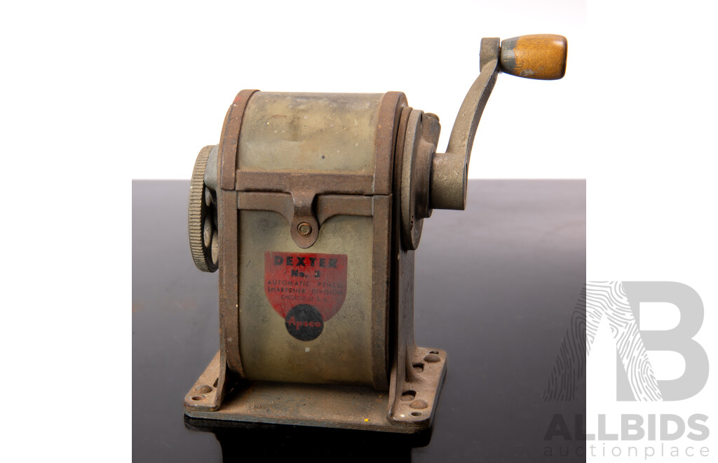Antique Brass Iron with Turned Wooden Handle and Vintage Dexter Number 3 Pencil Sharpener by Automatic Pencil Sharpener Company (APSCO) 