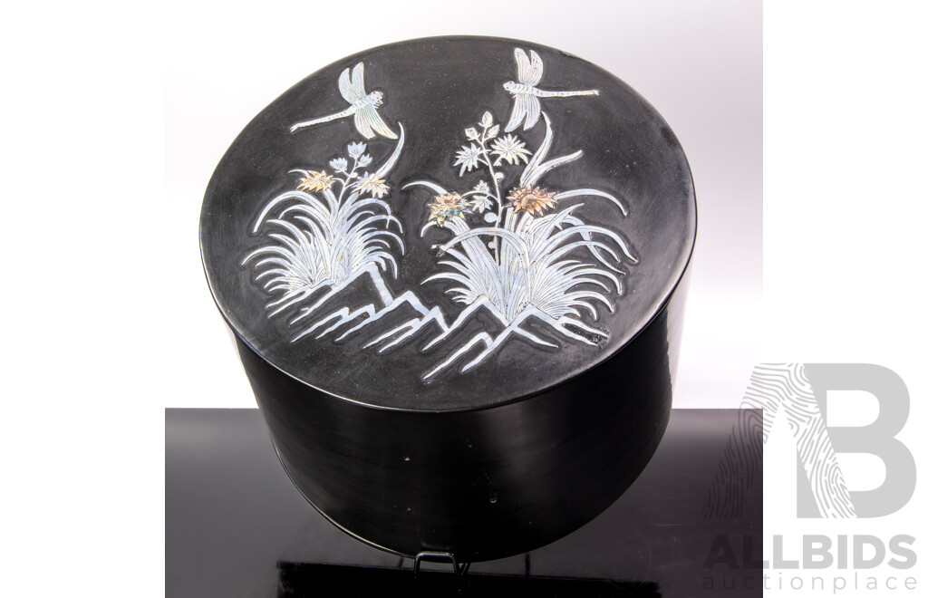 Japanese Black Lacquer Ware Box with Inlaid Mother of Pearl Dragonfly Detail to Top