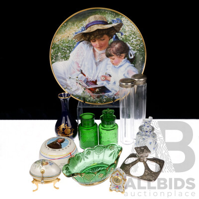 Collection Vintage Decorator Items Including Pair Glass Sugar Sifters with Metal Mounts, Wedgwood Halley's Comet Commemorative Dish, Limoges Vase and More