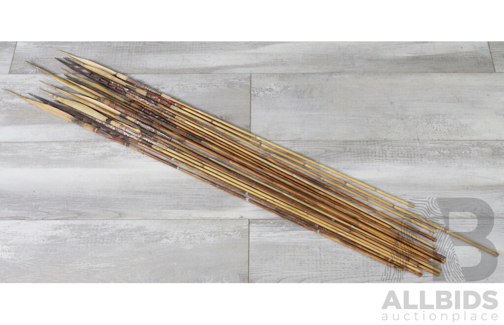 Collection Nad Made PNG Sepik River Wooden & Bamboo Spears with Incised Polychrome Decoration