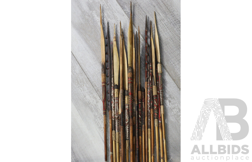 Collection Nad Made PNG Sepik River Wooden & Bamboo Spears with Incised Polychrome Decoration
