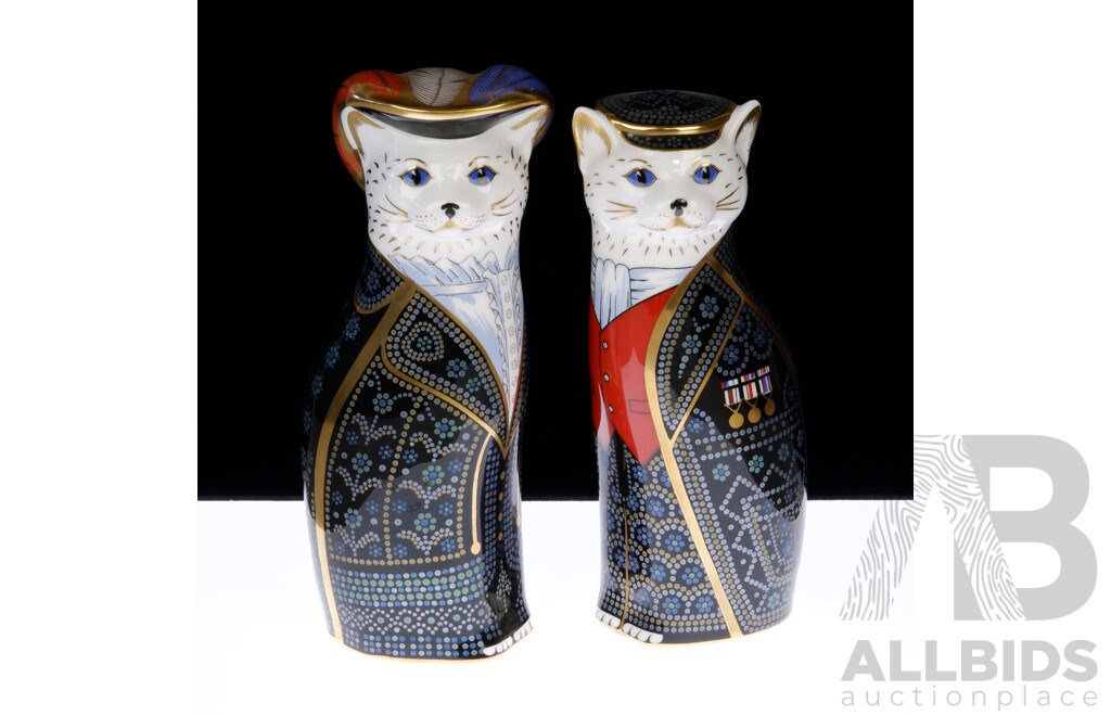 Two Royal Crown Derby Porcelain Pearly King and Queen Cat Figures