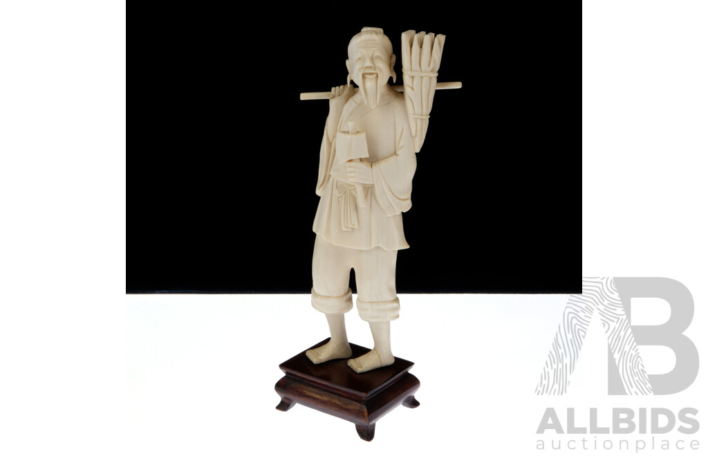 Vintage Japanese Ivory Hand Carved Wood Chopper Figure with Axe on Wooden Stand