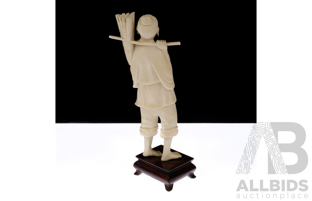 Vintage Japanese Ivory Hand Carved Wood Chopper Figure with Axe on Wooden Stand