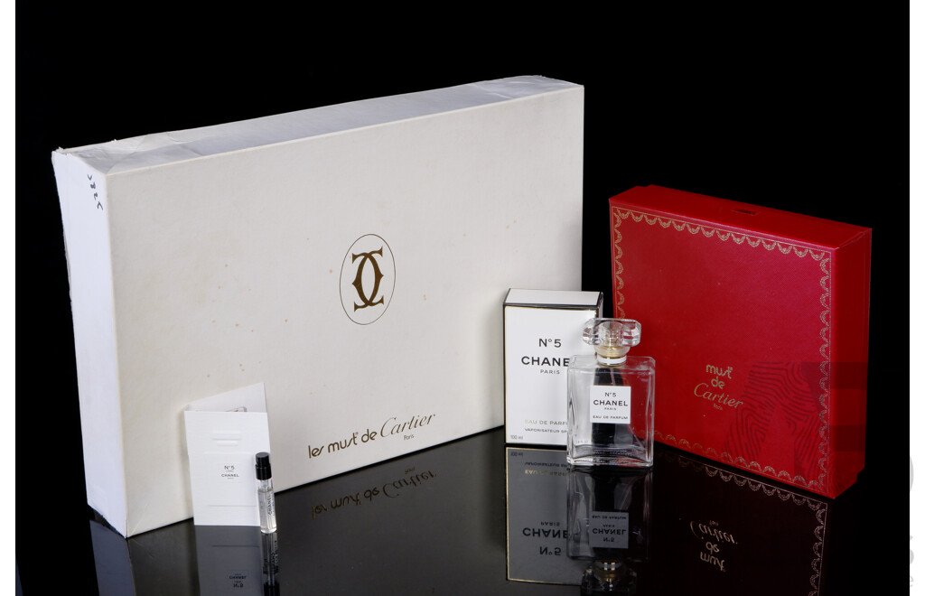 Chanel No 5 Perfume 2ml Sample Vial, Empty Chanel No 5 Bottle in Original Box Along with Two Cartier Boxes