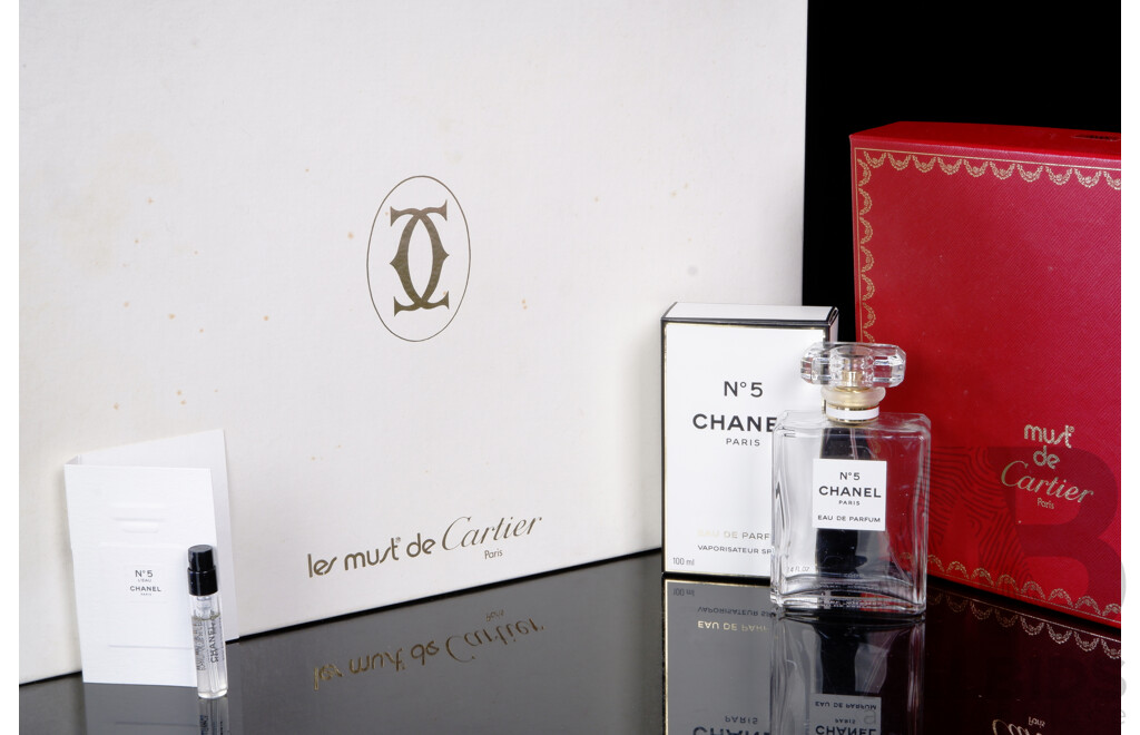 Chanel No 5 Perfume 2ml Sample Vial, Empty Chanel No 5 Bottle in Original Box Along with Two Cartier Boxes