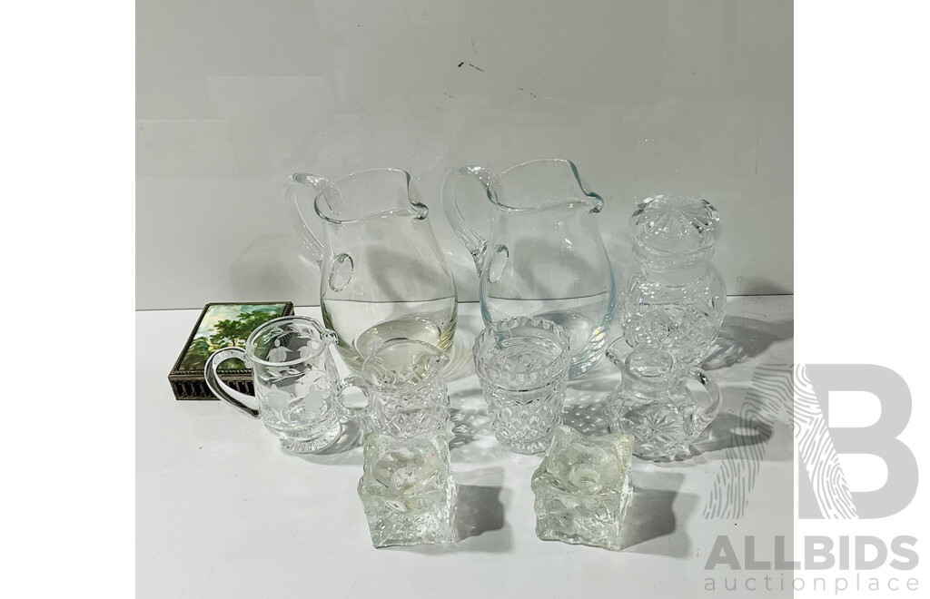 Collection Items Including Two Hand Blown Glass Jugs, Crystal and More