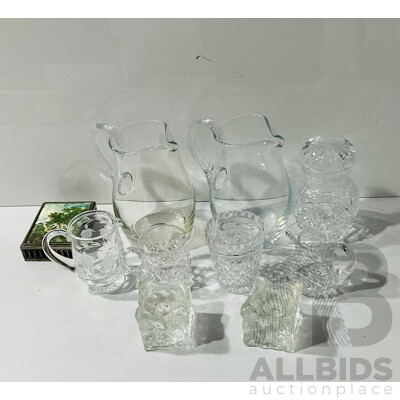 Collection Items Including Two Hand Blown Glass Jugs, Crystal and More