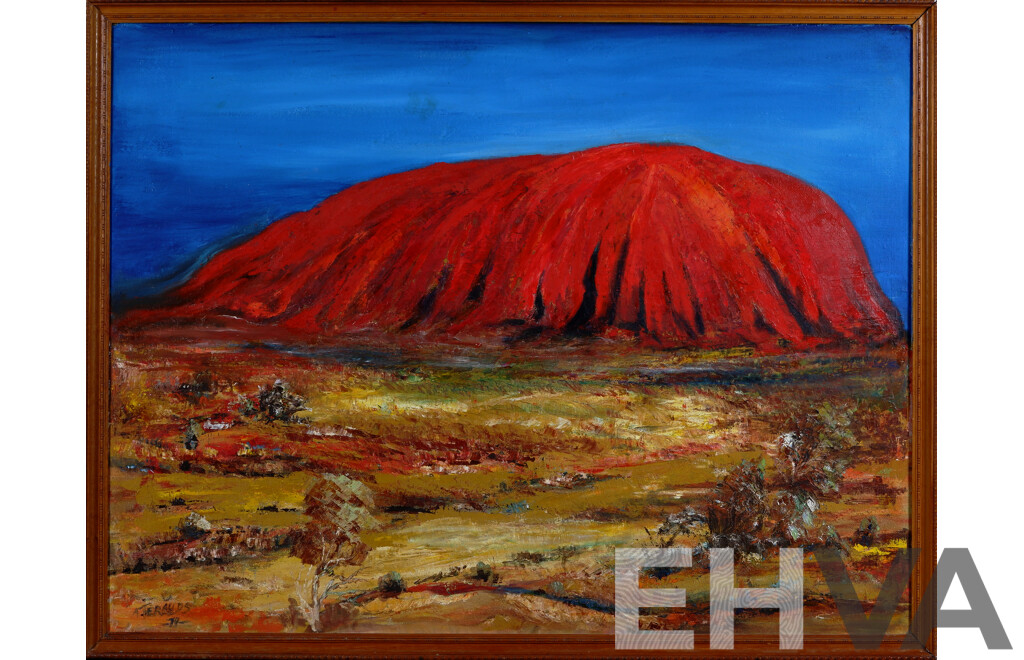 A.Jerauds, (20th Century), Ayers Rock, Acrylic on Masonite, 98 x 129 cm (frame)