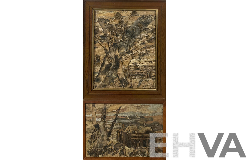 Walter Wrigley, (20th Century, Australian), Bush House I and II, Pair of Vintage Australian Paperbark & Other Natural Materials, 73 x 61 cm (largest frame) (2)