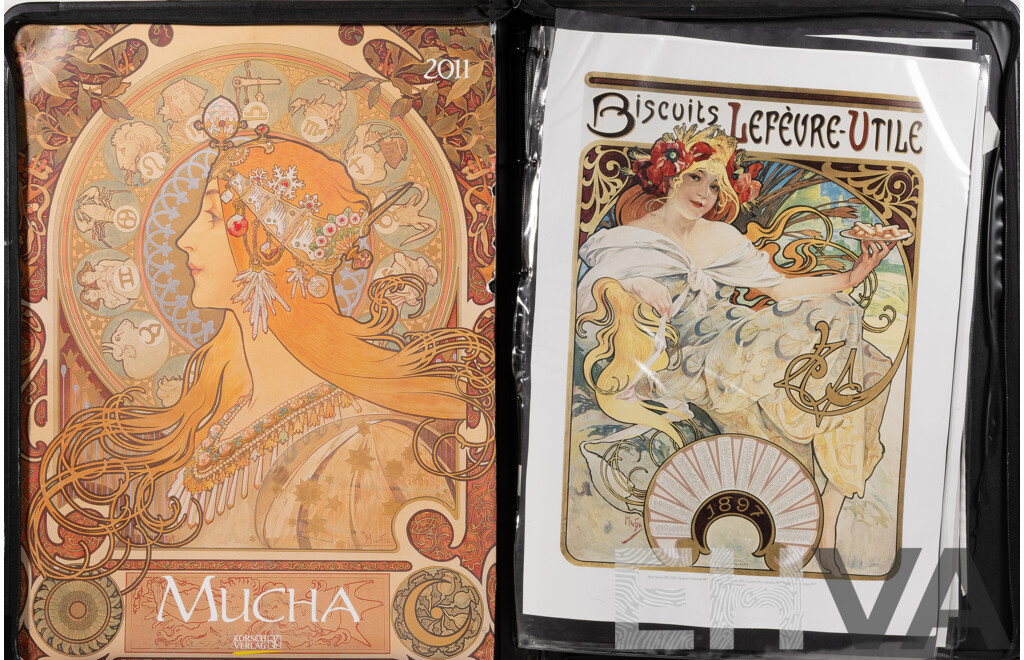 Alfons Mucha, (Czech Born, 1860-1939), Collection of Six Reproduction Poster Prints in Vinyl Artist's Portfolio Carrying Case