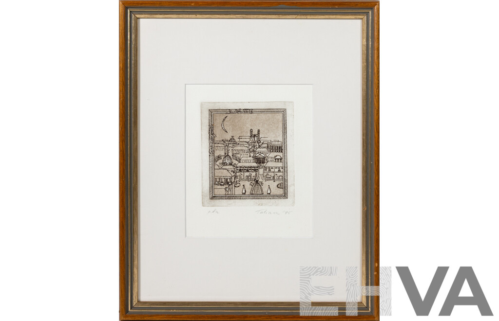 Tatiana, (20th Century), City Scape Under Moonlight, (1995), Etching, 37.5 x 30.5 cm (frame)