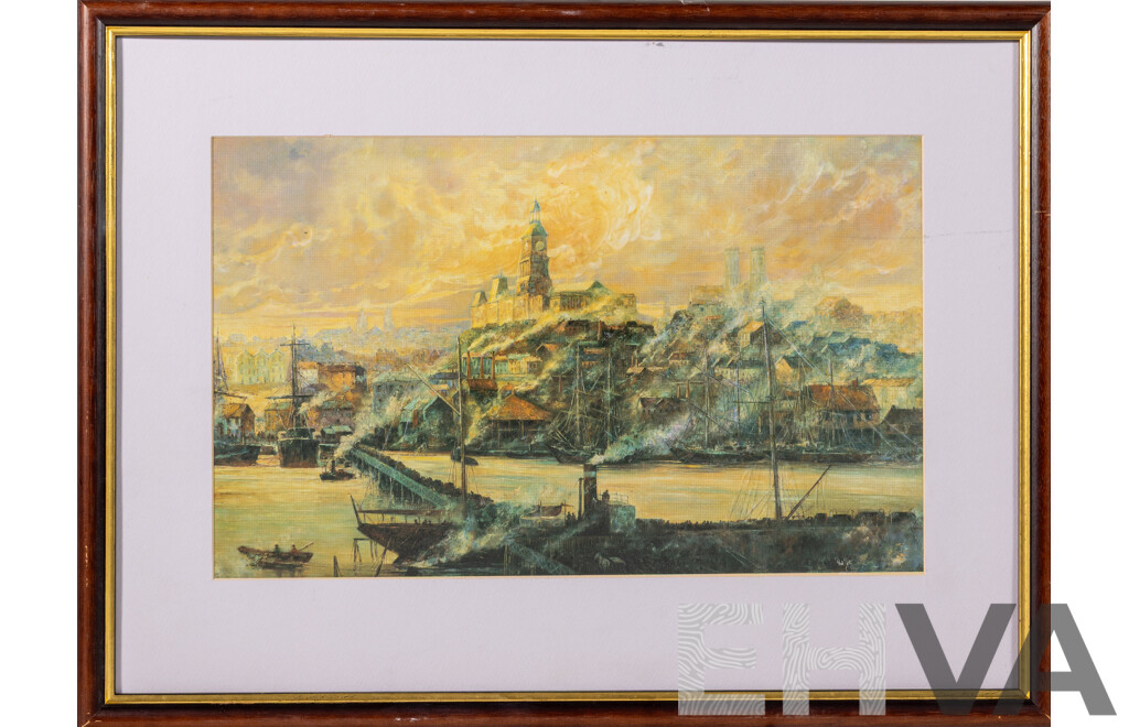 Paul Galy, (20th Century, Australian), Busy Sydney Harbour, Reproduction Colour Print on Canvas Card of Original, 43 x 58 cm (frame)