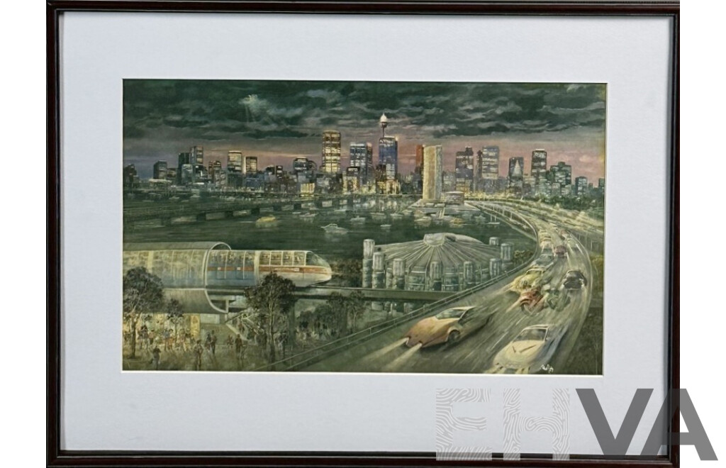 Paul Galy, (20th Century, Australian), Sydney Skyline Reproduction Colour Print on Canvas Card of Original, 41 x 55 cm (frame)