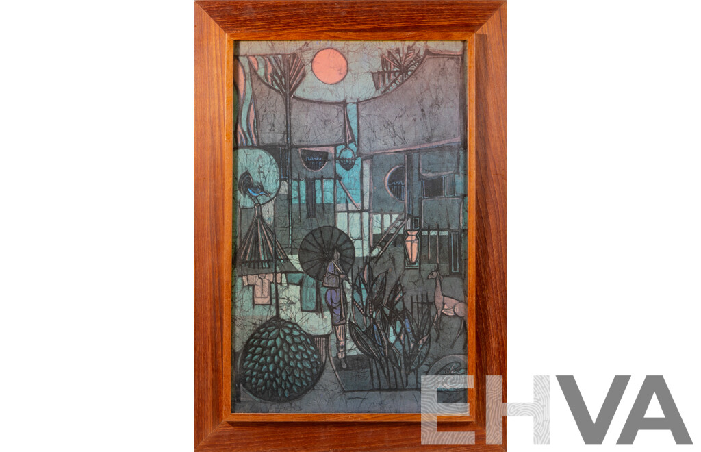Chuah Thean Teng (20th Century, Chinese-Born Malaysian, 1914-2008), Villager with Parasol, Vintage Colour Print of Original Batik, 65 x 45 cm (frame)