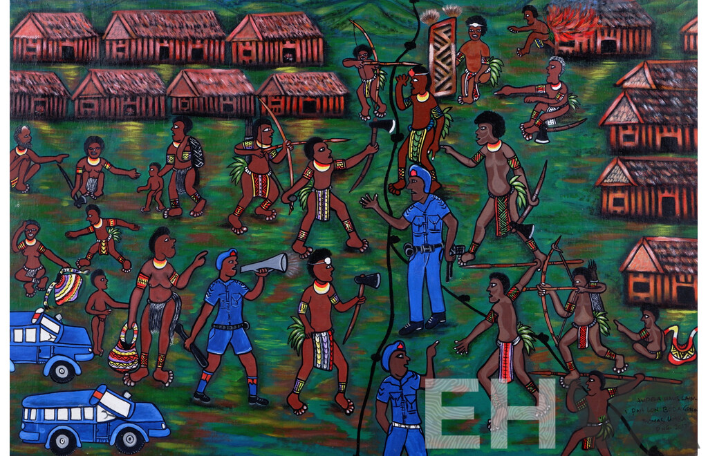 Thomas Umba, (20th Century, PNG), Tupela Haus Lain -Pait Lon Boda Graun (Approx Trans. Two House Lines -Fight Loan Borderlands), Acrylic on Canvas, 96 x 144 cm