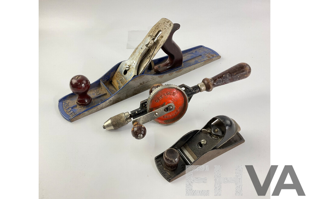 Vintage Record Number Six Smoothing Plane, Stanley Number 220 Block Plane and Hand Drill