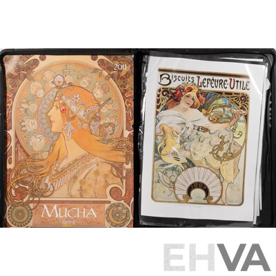 Alfons Mucha, (Czech Born, 1860-1939), Collection of Six Reproduction Poster Prints in Vinyl Artist's Portfolio Carrying Case