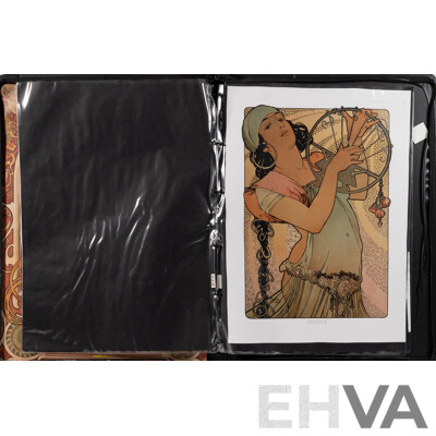 Alfons Mucha, (Czech Born, 1860-1939), Collection of Six Reproduction Poster Prints in Vinyl Artist's Portfolio Carrying Case