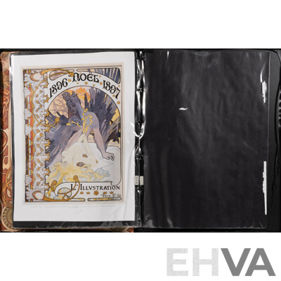 Alfons Mucha, (Czech Born, 1860-1939), Collection of Six Reproduction Poster Prints in Vinyl Artist's Portfolio Carrying Case