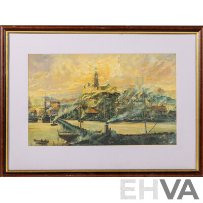 Paul Galy, (20th Century, Australian), Busy Sydney Harbour, Reproduction Colour Print on Canvas Card of Original, 43 x 58 cm (frame)