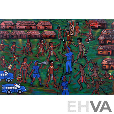 Thomas Umba, (20th Century, PNG), Tupela Haus Lain -Pait Lon Boda Graun (Approx Trans. Two House Lines -Fight Loan Borderlands), Acrylic on Canvas, 96 x 144 cm