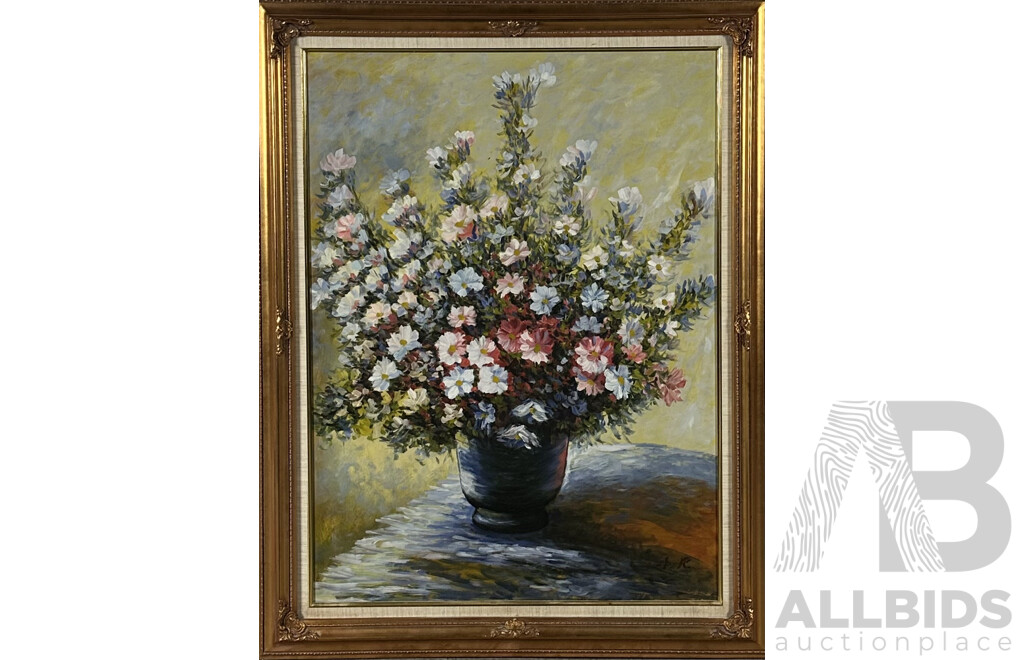 A.R.,(20th Century), Large Vase of Flowers, Acrylic on Canvas, 115 x 90 cm (frame)