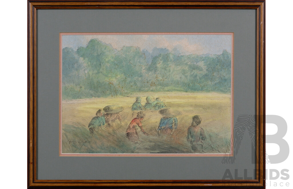 Artist Unknown, (Indonesian School), Working the Paddyfield, Vintage Watercolour and Ink, 33 x 42 cm (frame)