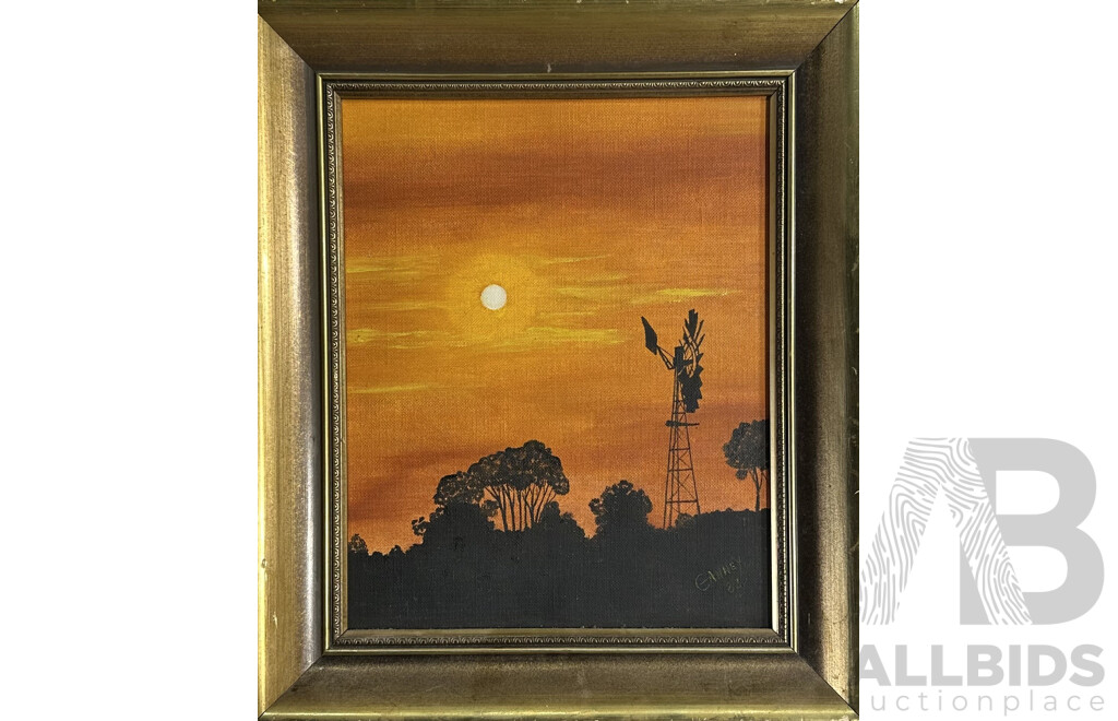 E. Canney, (20th Century, Australian), Sunset Windmill, Oil on Canvas, 41 x 35 cm (frame)