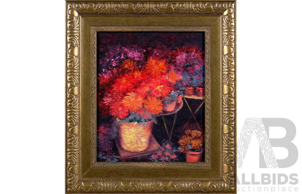 Jan Matson, (20th Century, Australian), Red Dahlias - Paris, Oil on Masonite,  47 x 42 cm (frame)