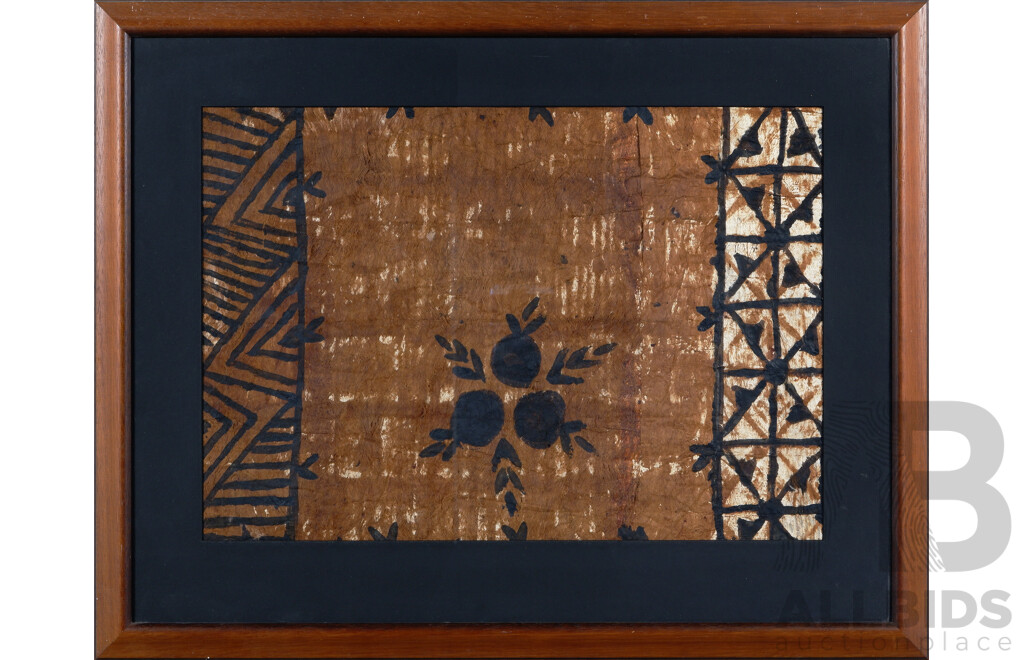 Artist Unknown, (Pacific Islands), Berries, Natural Pigments on Mulberry Bark Tapa Cloth. 62 x 68 cm (frame)