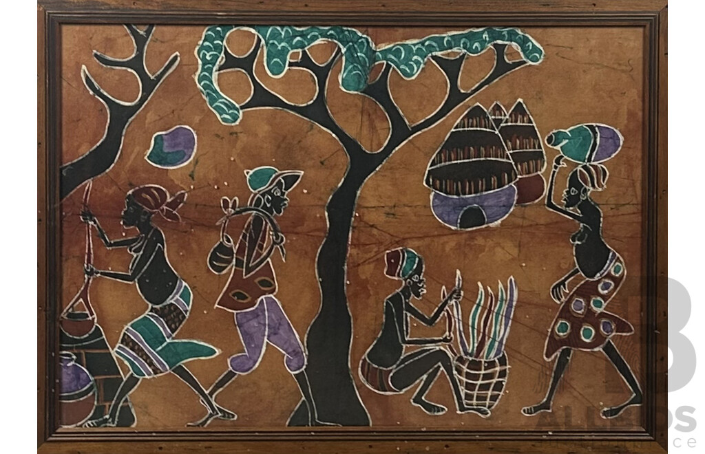 Artist Unknown, (African School), Village Life Under Shade of Tree, Batik on Cotton, Framed Under Glass, 67 x 93 cm (frame)