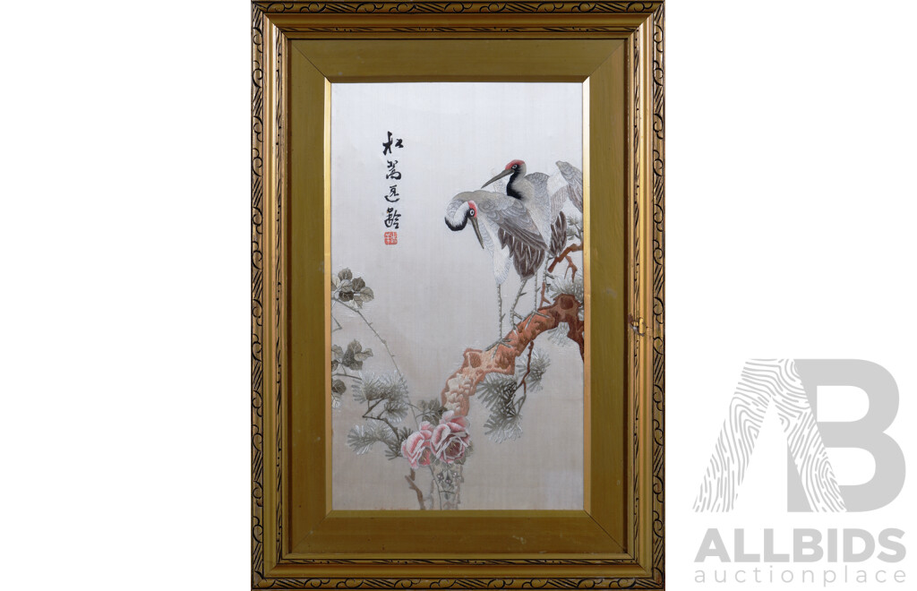 Artist Unknown, (Chinese School), Pair of Cranes on Blossom Branch, Vintage Coloured Silk Embroidery on Silk Cloth, 75 x 53 cm (frame)