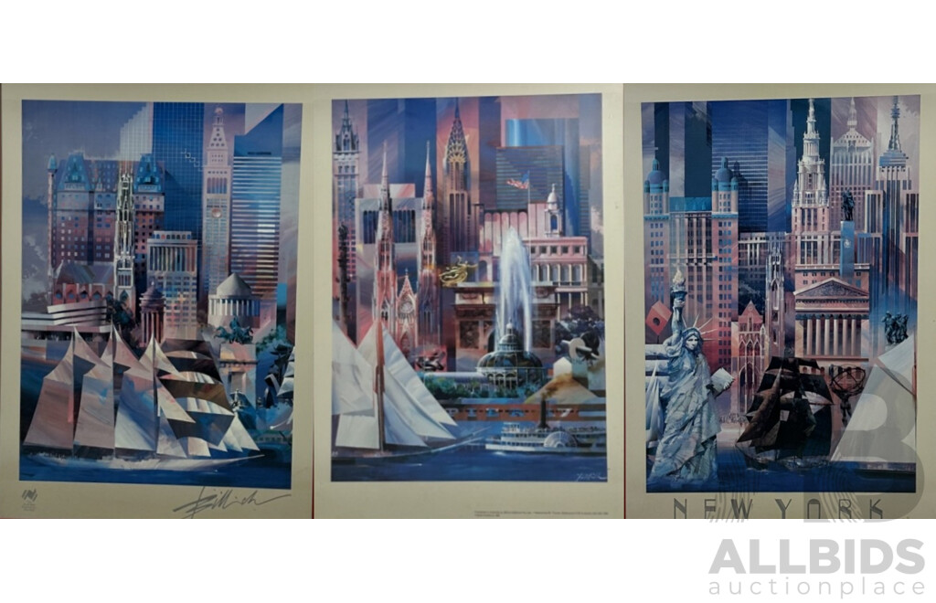 Charles Billich, (20th Century, Croatian-Australian, 1934-), New York City Poster Triptych, Collection of Three Lithograph Posters of Manhattan, 91 x 61 cm (frames) (3)
