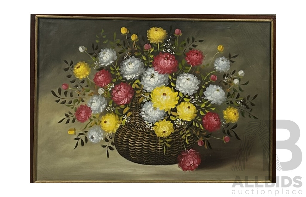 Artist Unknown, (20th Century), Still Life Flowers in Basket, Vintage Oil on Canvas Cloth, 65 x 96 cm (frame)